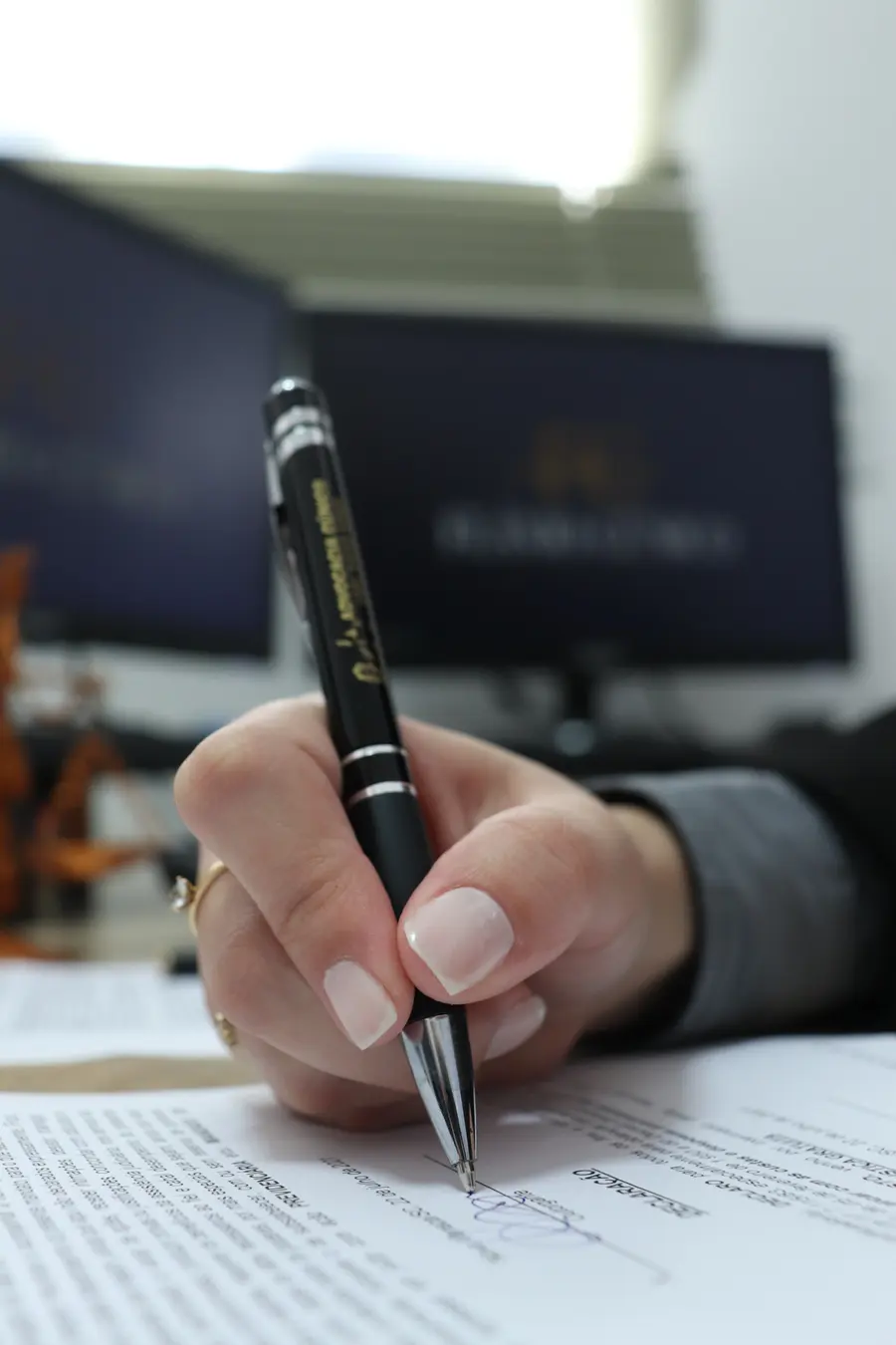 Assinatura de documento com a caneta do escritório